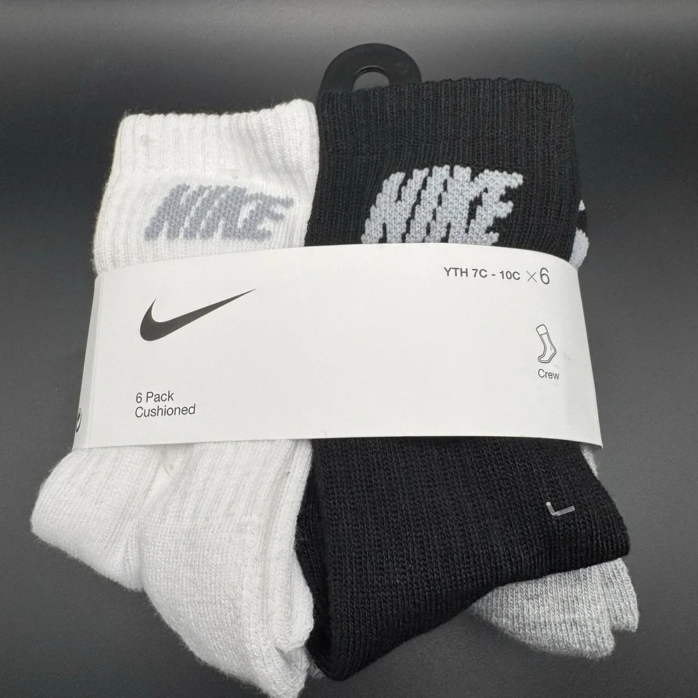 NIKE Boys Cushioned Crew Socks 6 Pairs Youth Shoe Sz 7C-10C Multi Color NEW